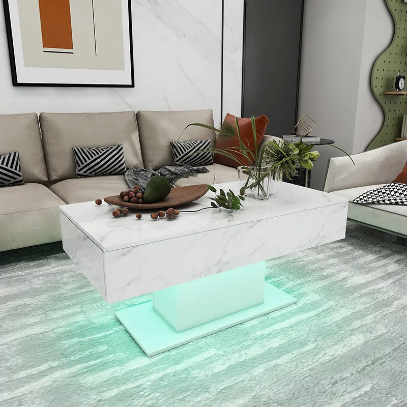 Wooden Centre Tea Table With RGB Lights 2 Drawer Storage